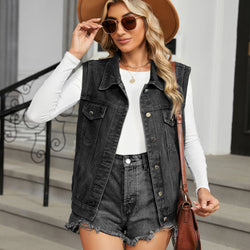 New washed hooded denim vest vest top