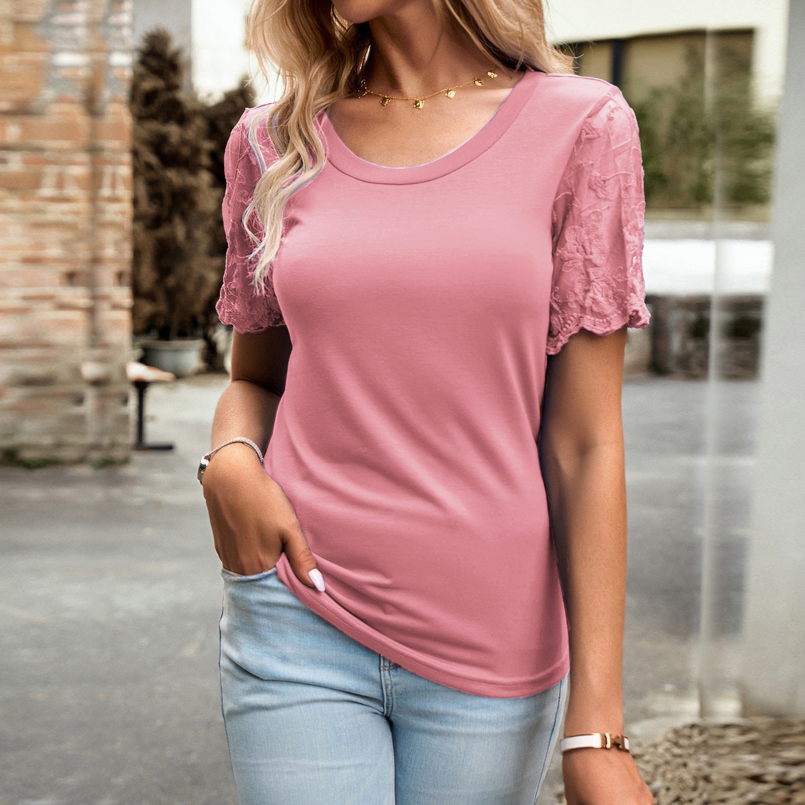 Spring and Summer Casual Temperament Crew Neck Lace Short Sleeve T-Shirt