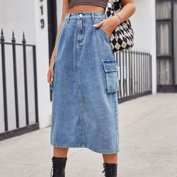 Versatile and thin tooling washed denim skirt medium and long skirt women