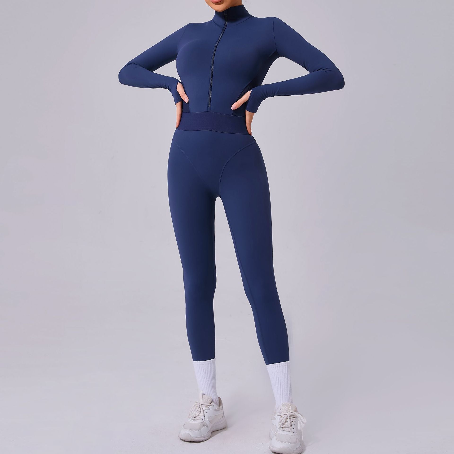 Side net yoga jumpsuit tight rubber band waist finger hole splicing sports fitness jumpsuit