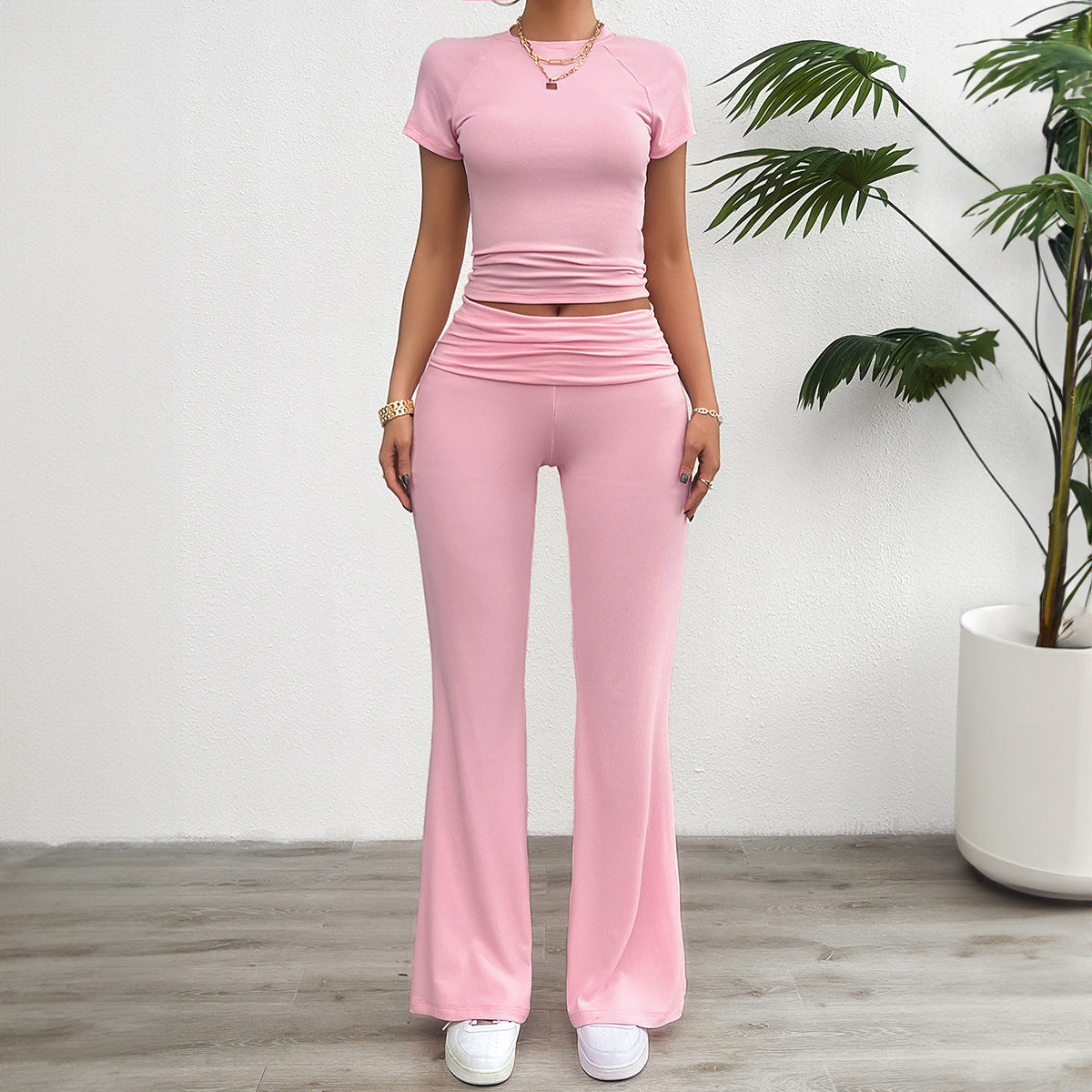 Spring and summer casual solid color slim-fit short-sleeved trousers two-piece set