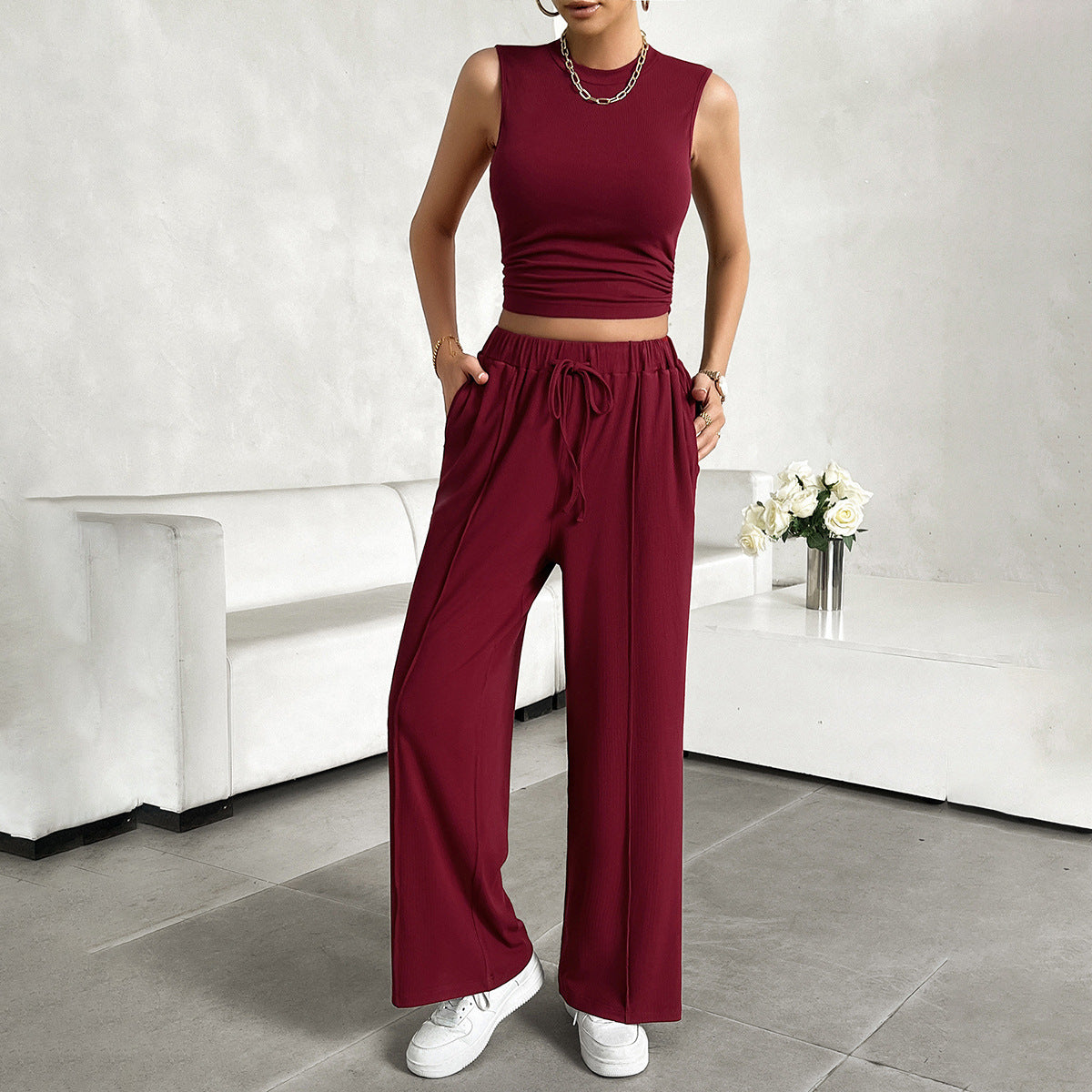 Spring and summer urban casual solid color top vest trousers set two-piece set