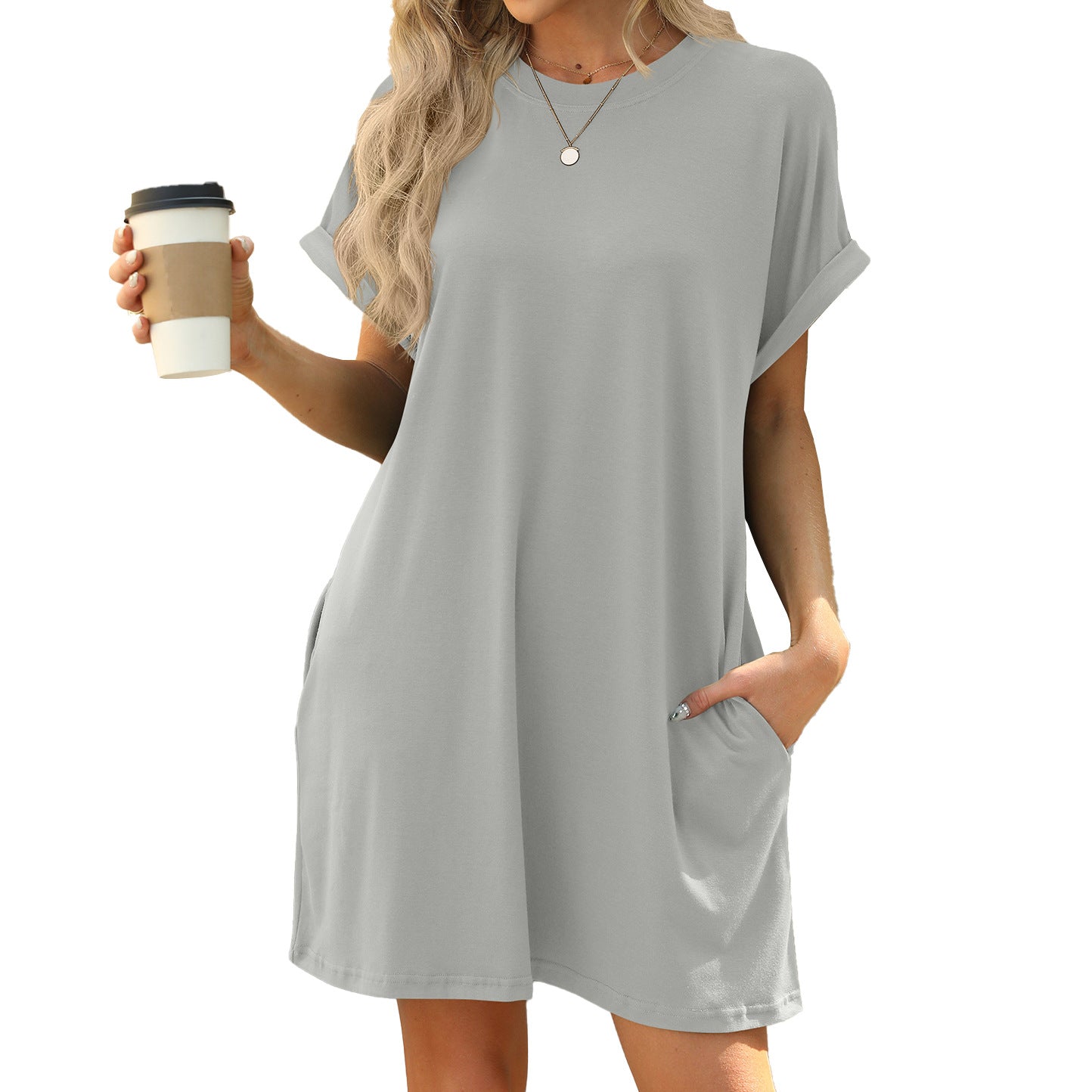 Spring and summer new solid color round neck pocket loose short-sleeved dress