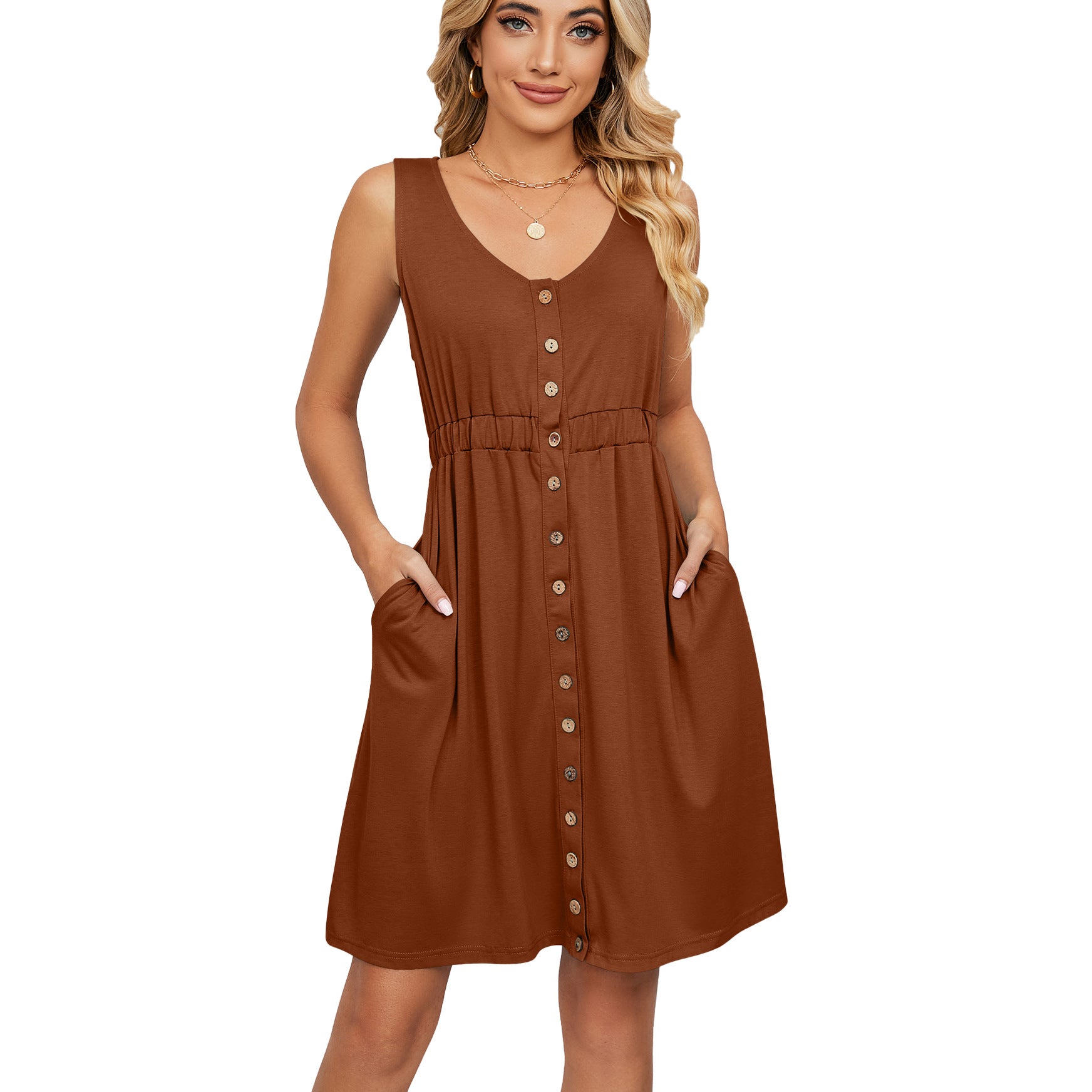 Spring and Summer Solid Color Sleeveless Button Pocket Crew Neck Split Waist Dress