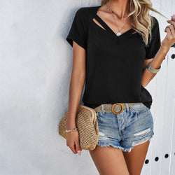 Spring and summer casual solid color short-sleeved V-neck T-shirt