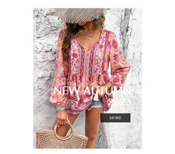 Temperament Casual printed V-neck long-sleeved top