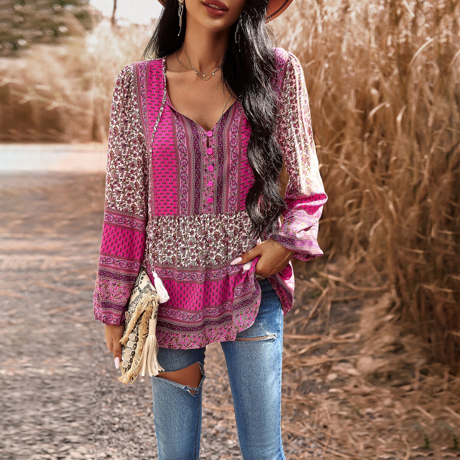 spring and summer  temperament casual printing V-neck long-sleeved top