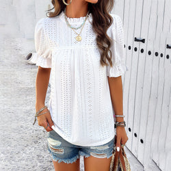 Spring and summer casual solid color short-sleeved hollow top