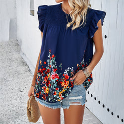 Spring and summer temperament casual print crew neck sleeveless top women