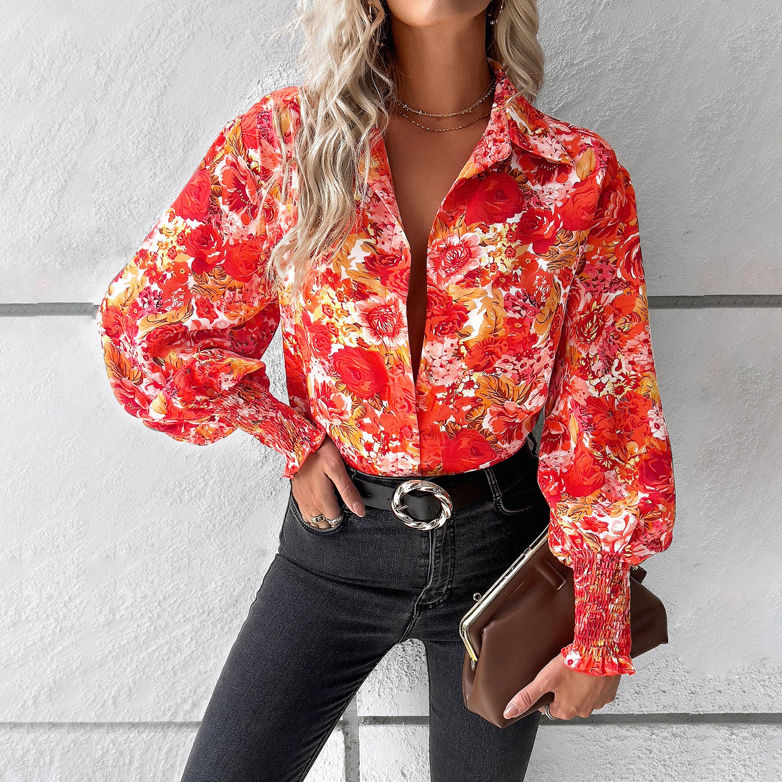 Spring and summer foreign trade temperament casual printed lantern sleeve shirt