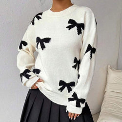 Crew neck bow jacquard pullover sweater