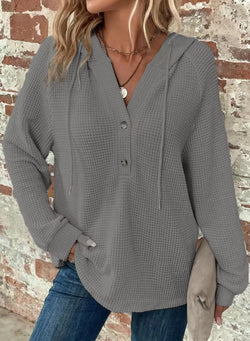 Waffle Knitted Drawstring Button V-Neck Long Sleeve Pullover Casual Sports Sweater