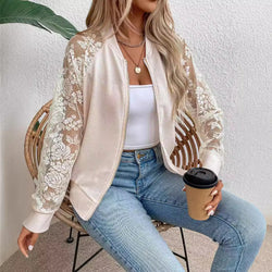 Women's Lace Splicing Long Sleeve Baseball Collar Jacket Top Jacket