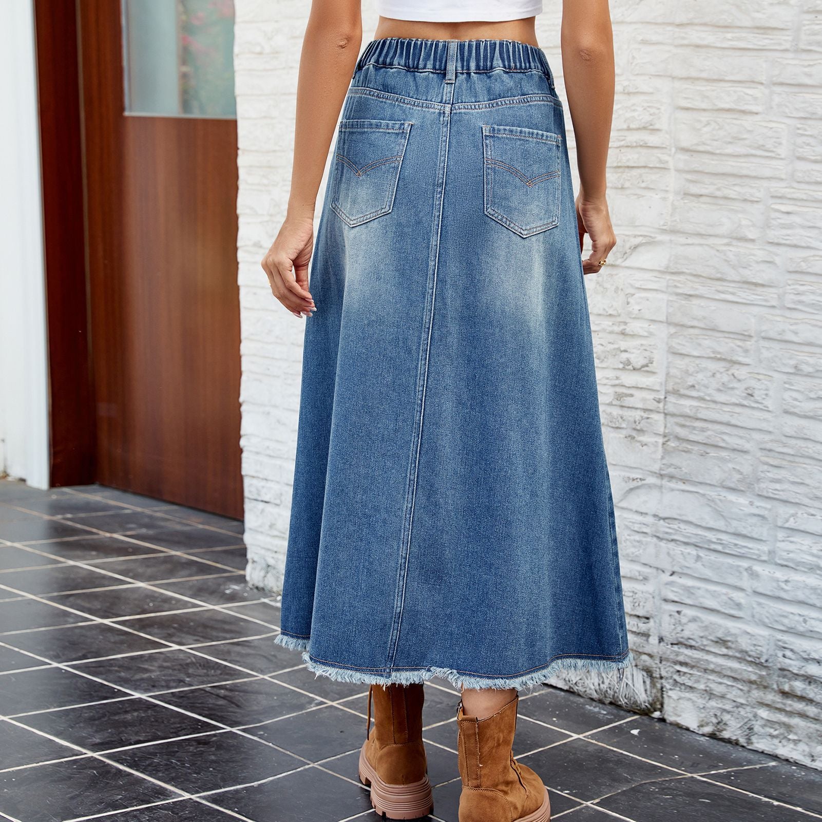 Washed rough edge denim skirt medium and long skirt