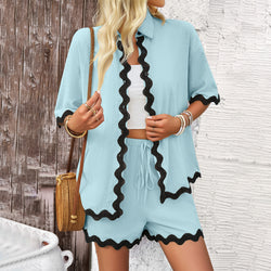 Spring and summer casual vacation style solid color lace shirt shorts set two-piece set