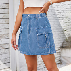 Washed denim tooling short skirt skirt