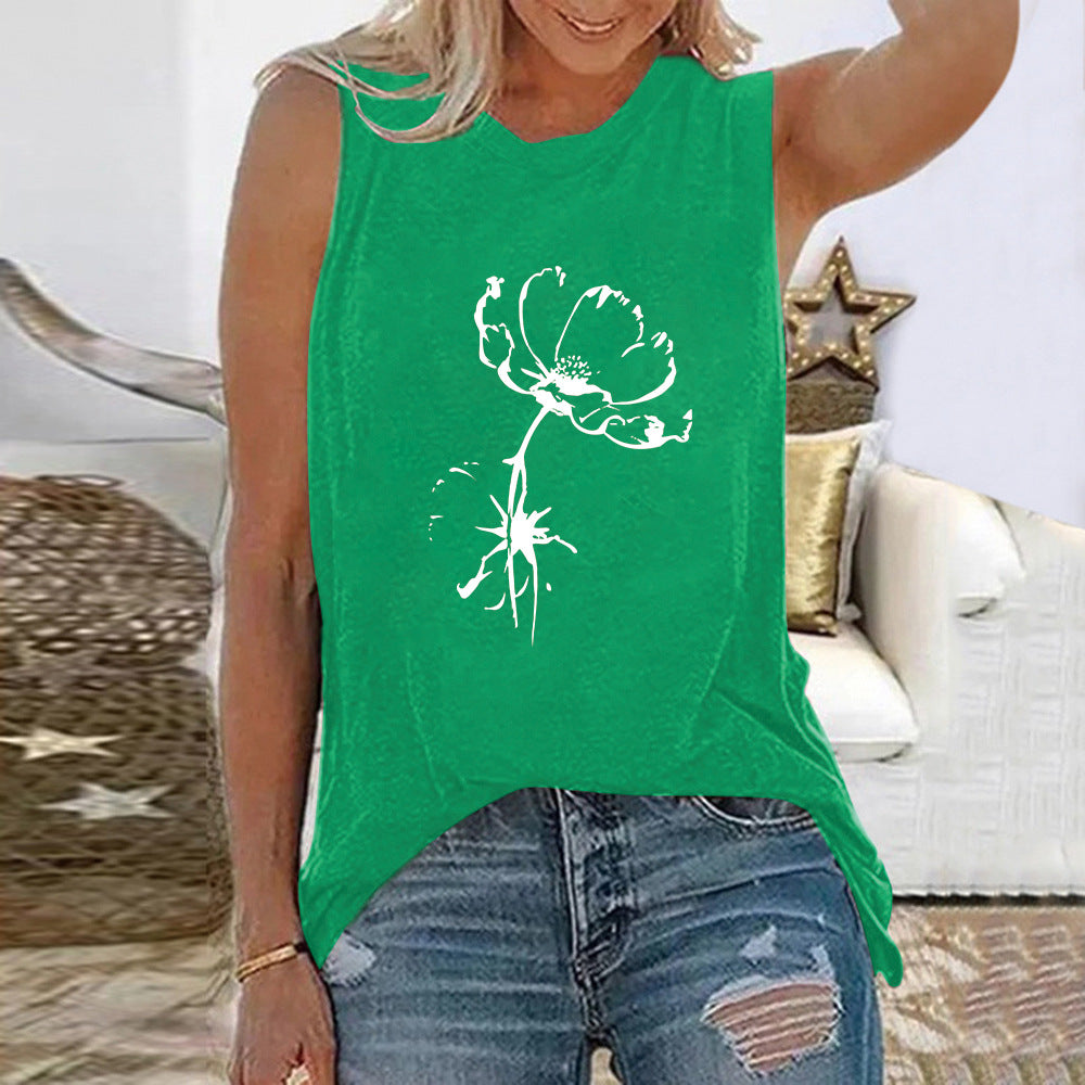 New Sunflower Butterfly Pattern Women's Crew Neck Top Sleeveless Vest