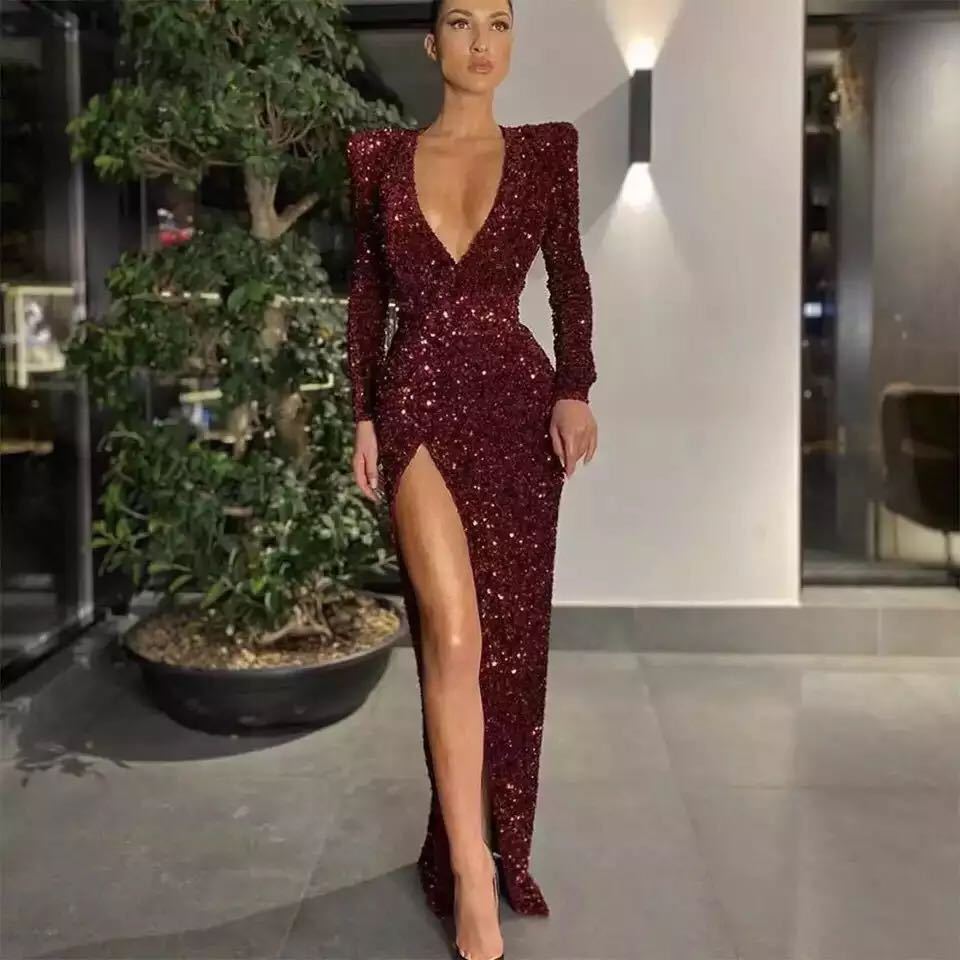 Women's Sexy Shoulder Long Sleeve Sequin Dress Split Dress Evening Dress