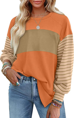 Pullover Crew Neck Casual Striped Contrast Long Sleeve T-Shirt Women