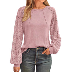 New Women's Loose Fashion Lace Splicing Crew Neck Long Sleeve T-Shirt Women