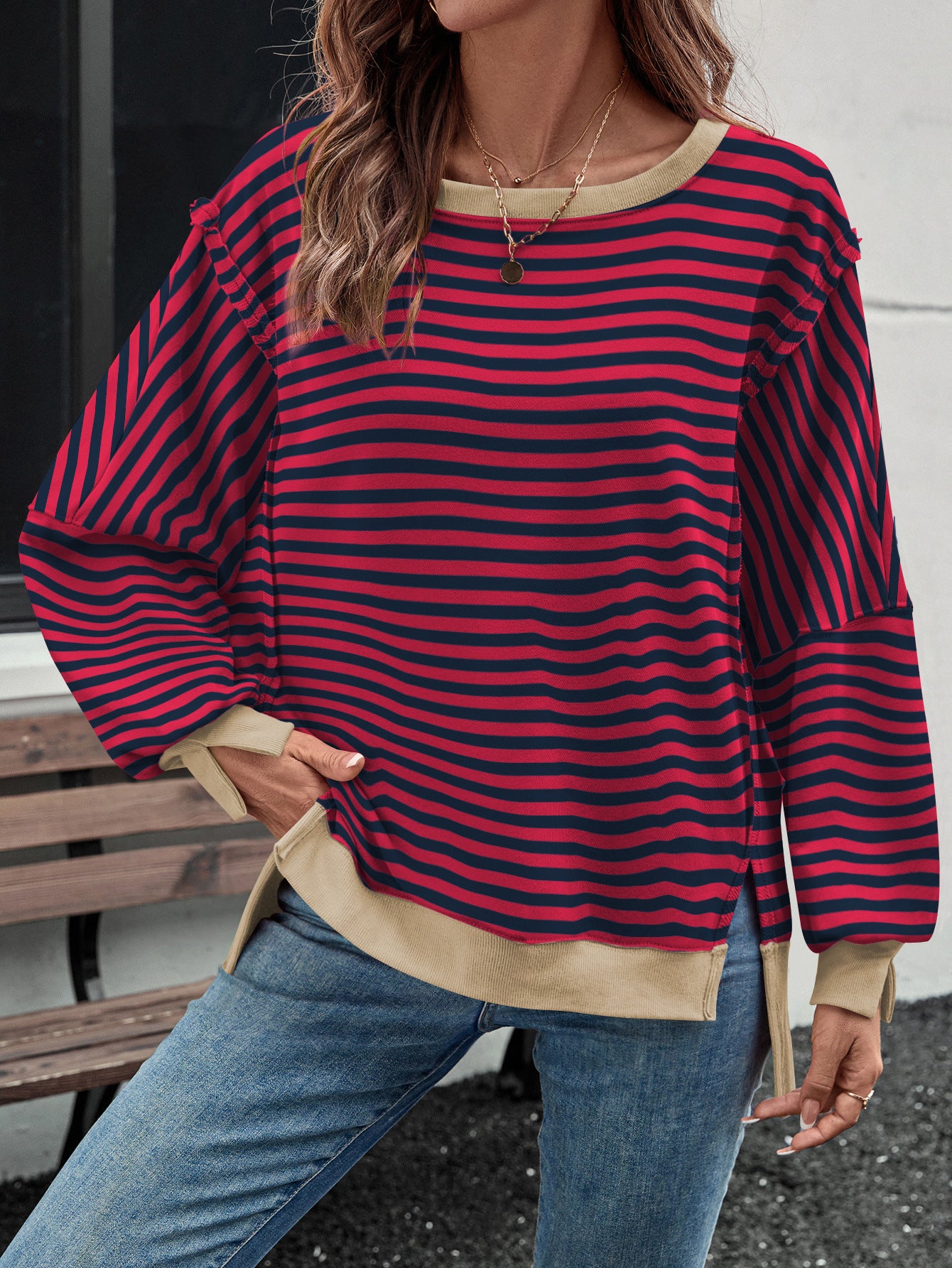 Loose Striped Casual Sweater Split Forked Crew Neck Trendy Design Versatile Top Ladies