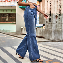 Versatile mid-waist washed denim trousers casual pants women