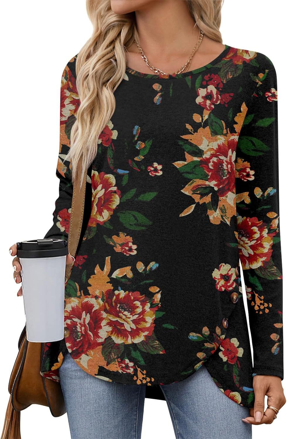 New Women's Printed Crew Neck Long Sleeve Irregularly Split Button T-Shirt