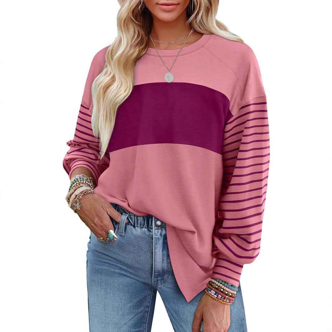 Pullover Crew Neck Casual Striped Contrast Long Sleeve T-Shirt Women