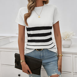 Spring and summer temperament slim-fitting striped short-sleeved sweater