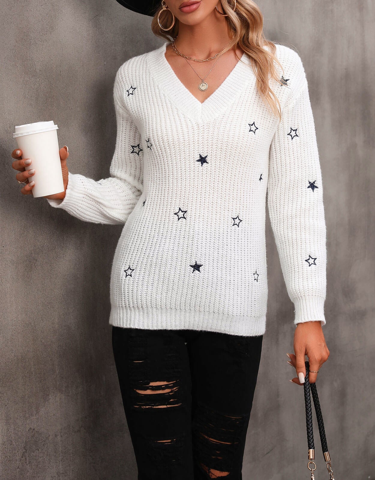 Knitted sweater commuter V-neck solid color little star embroidered pullover sweater