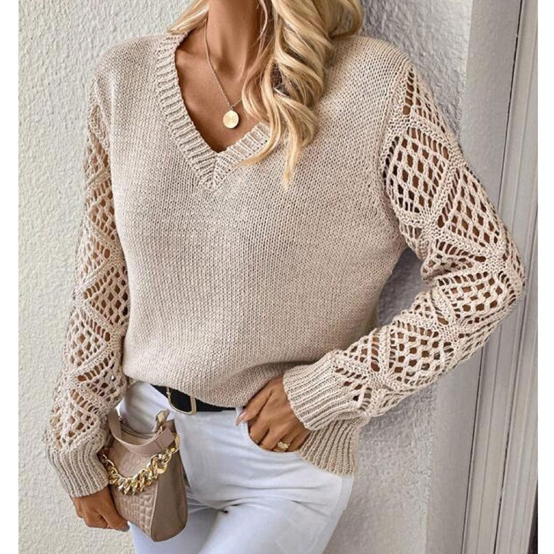 Sweater Women's Knitted Sweater Lazy Wind Hollow Long Sleeve V-Neck Pullover Versatile Top