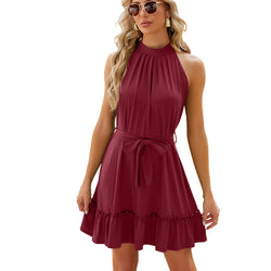 Spring and summer new solid color round neck neck lace-up dress for women