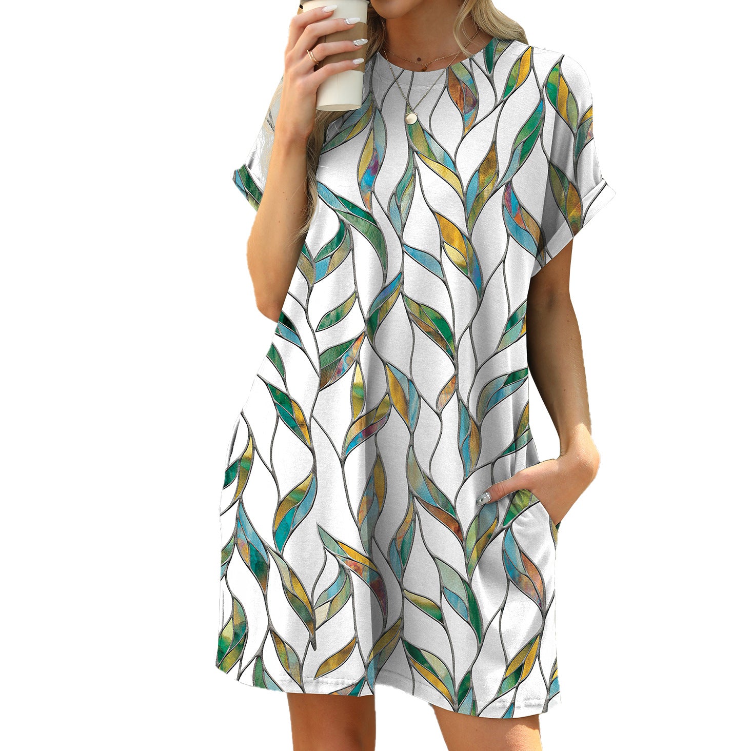 Spring and summer new loose round neck short-sleeved printed pocket dress in stock