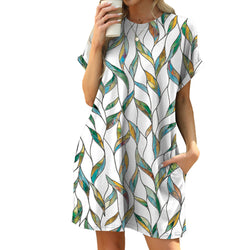 Spring and summer new loose round neck short-sleeved printed pocket dress in stock