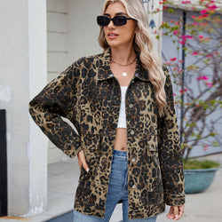 Washed versatile loose leopard print denim jacket top