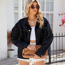 Washed rivet fringed black denim jacket