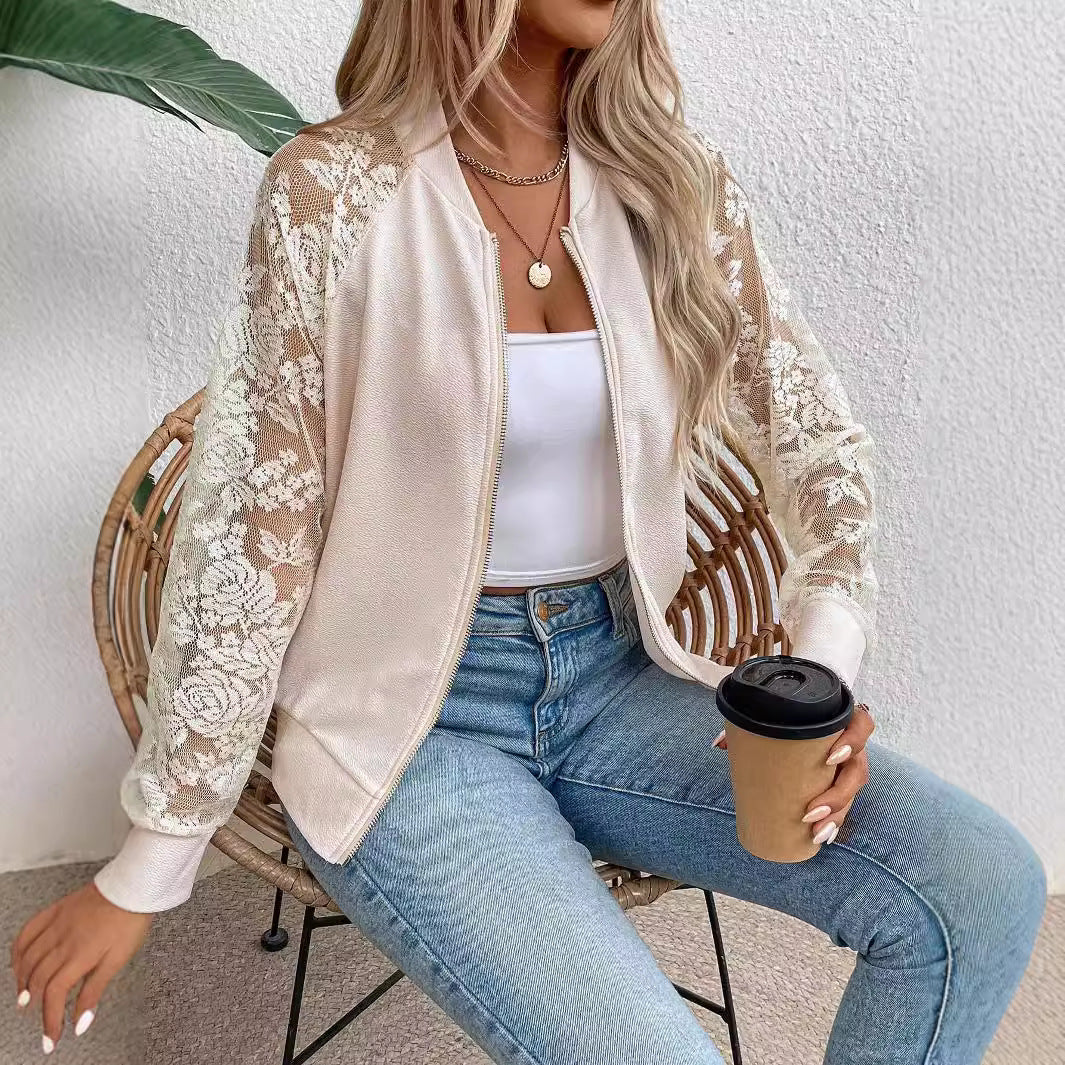 Elegant Women's Lace Splicing Long Sleeve Baseball Collar Jacket Top Jacket