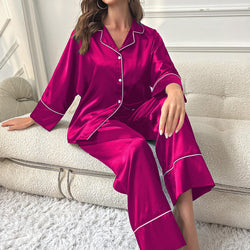 Women's loungewear autumn and winter silk satin long-sleeved trousers two-piece pajamas women can