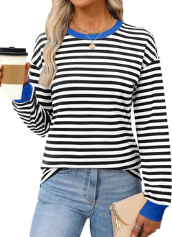 Fashion Women's Clothing Contrasting Stripes Loose Crew Neck Long Sleeve Women's T-Shirt