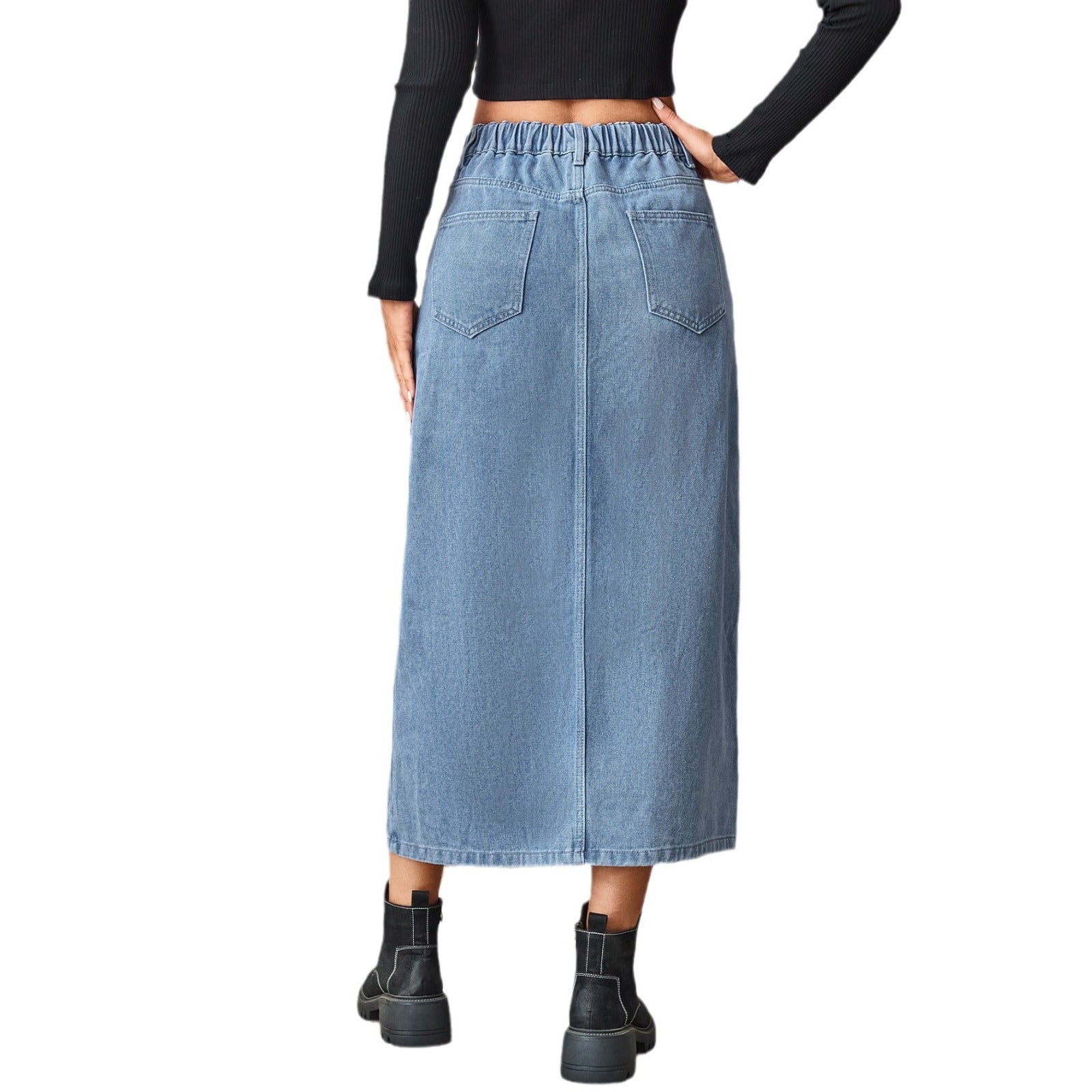 Washed denim elastic waist split mid-length skirt