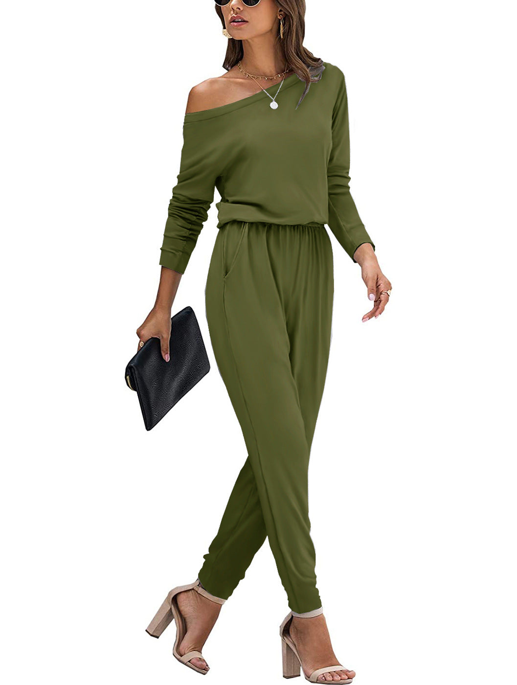 One-word collar onesie long-sleeved solid color women's jumpsuit