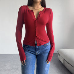 Y2K solid color slim-fit cardigan button-down long-sleeved T-shirt