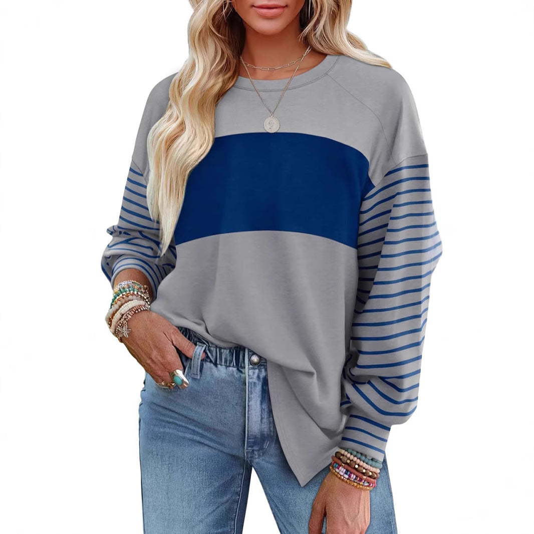 Pullover Crew Neck Casual Striped Contrast Long Sleeve T-Shirt Women