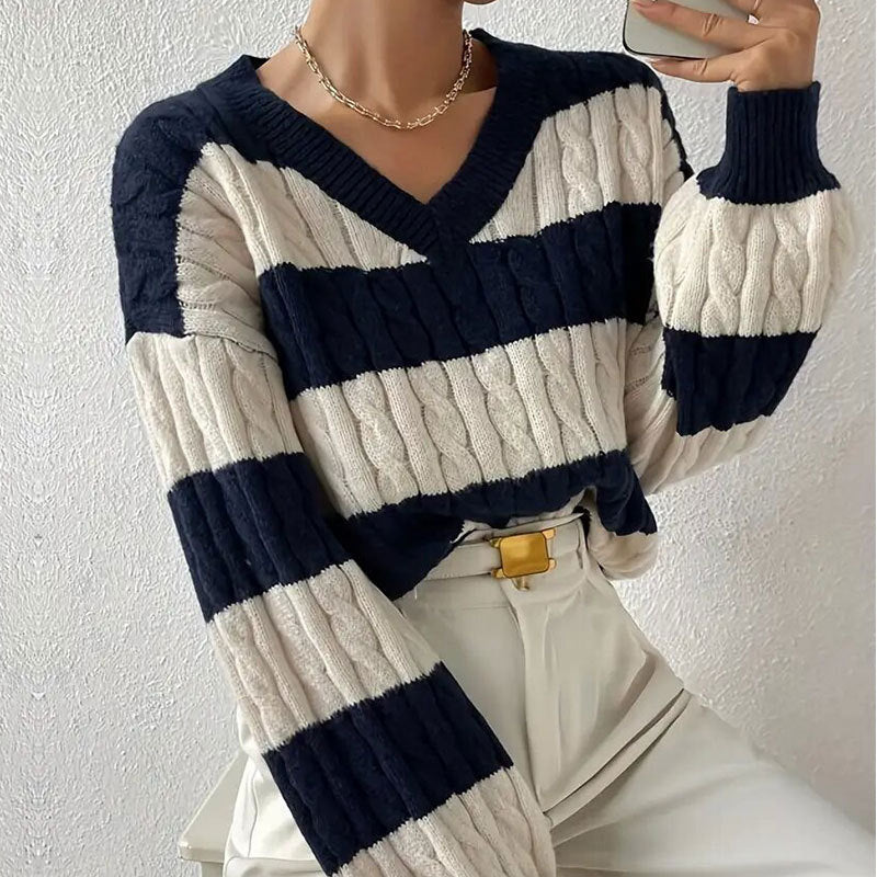 Sweater Women's Versatile Pullover V-Neck Long Sleeve Twist Striped Contrast Color Knitted Sweater