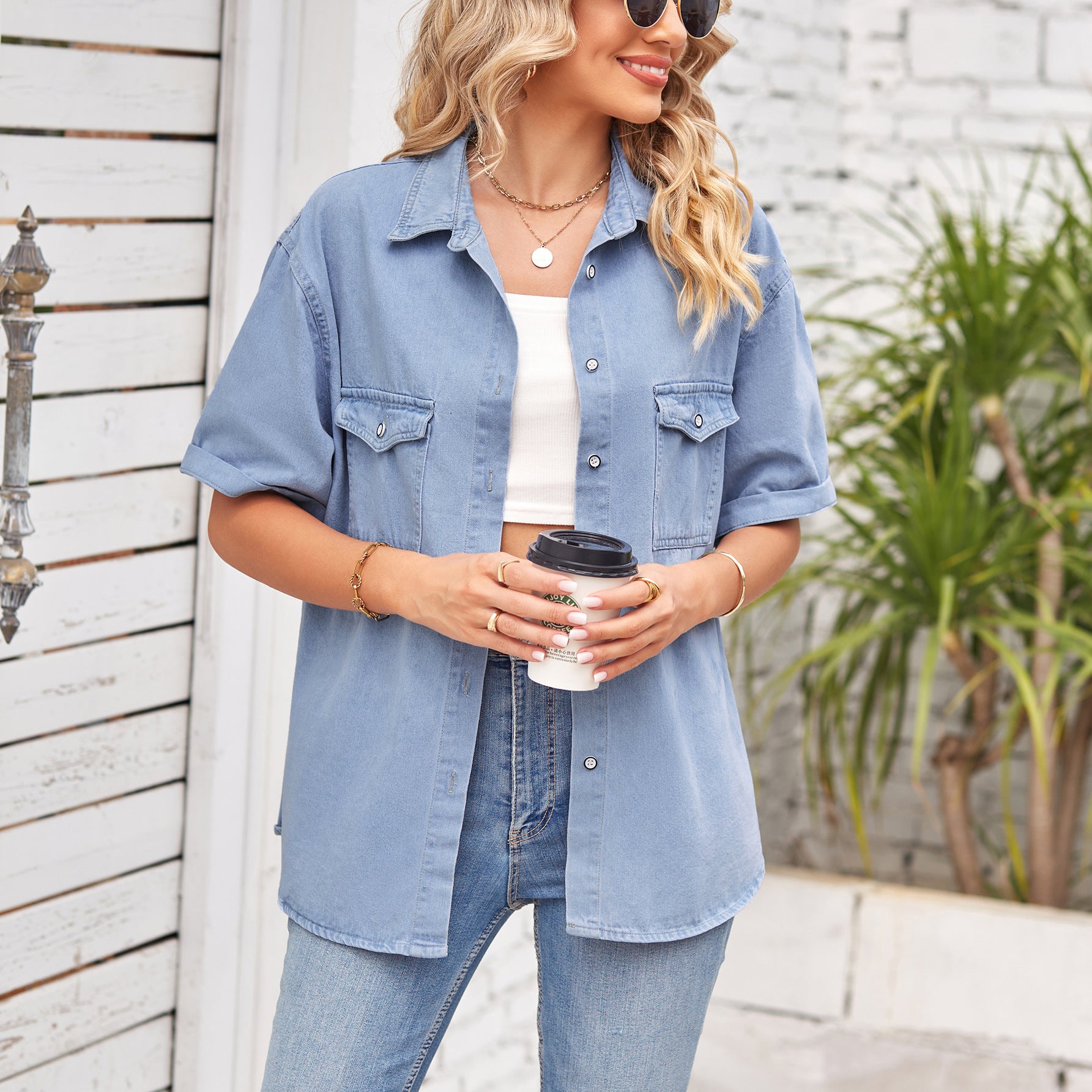 Skinny Denim One-Row Button Short Sleeve Casual Shirt Women