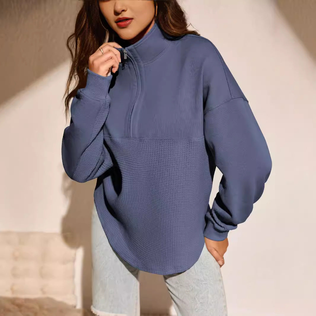 Splicing waffle semi-open neck zipper comfortable casual loose long-sleeved sweater