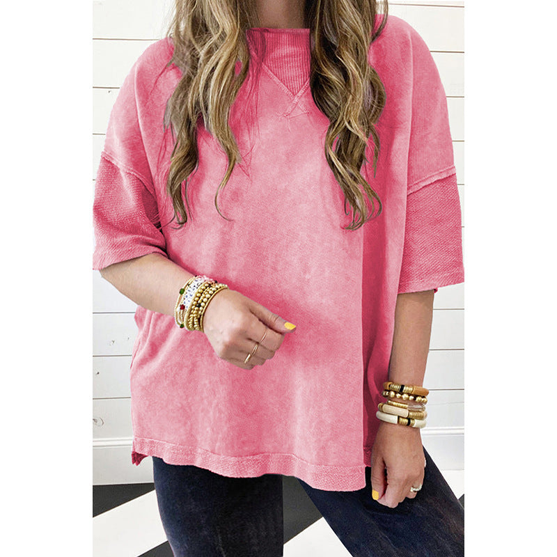 Simple and versatile short-sleeved T-shirt women's large size loose round neck five-quarter-sleeved top