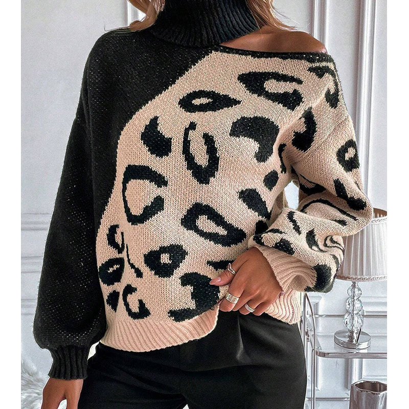 Sexy off-the-shoulder leopard print spliced turtleneck pullover sweater