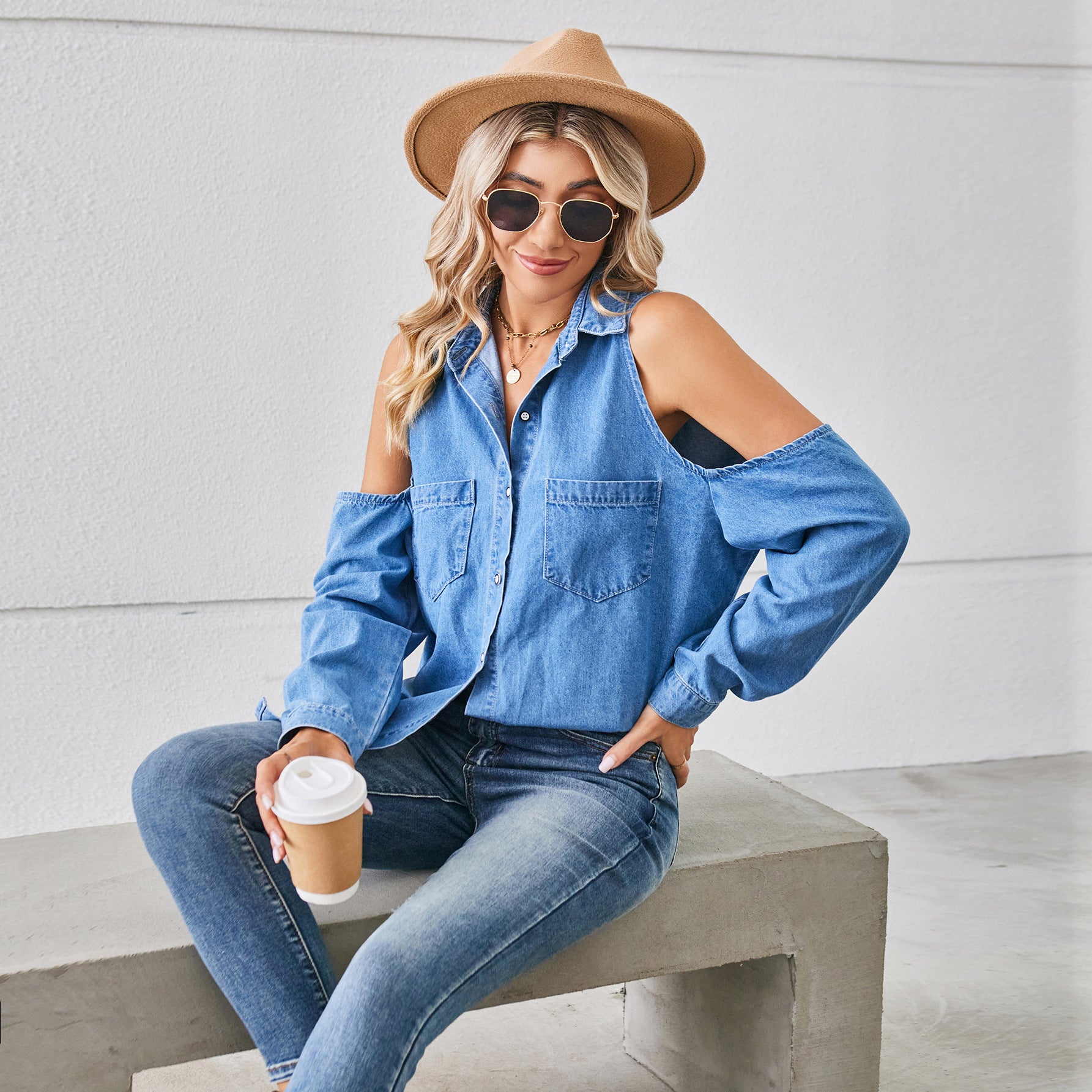 New washed off-shoulder hollow denim long-sleeved shirt top women