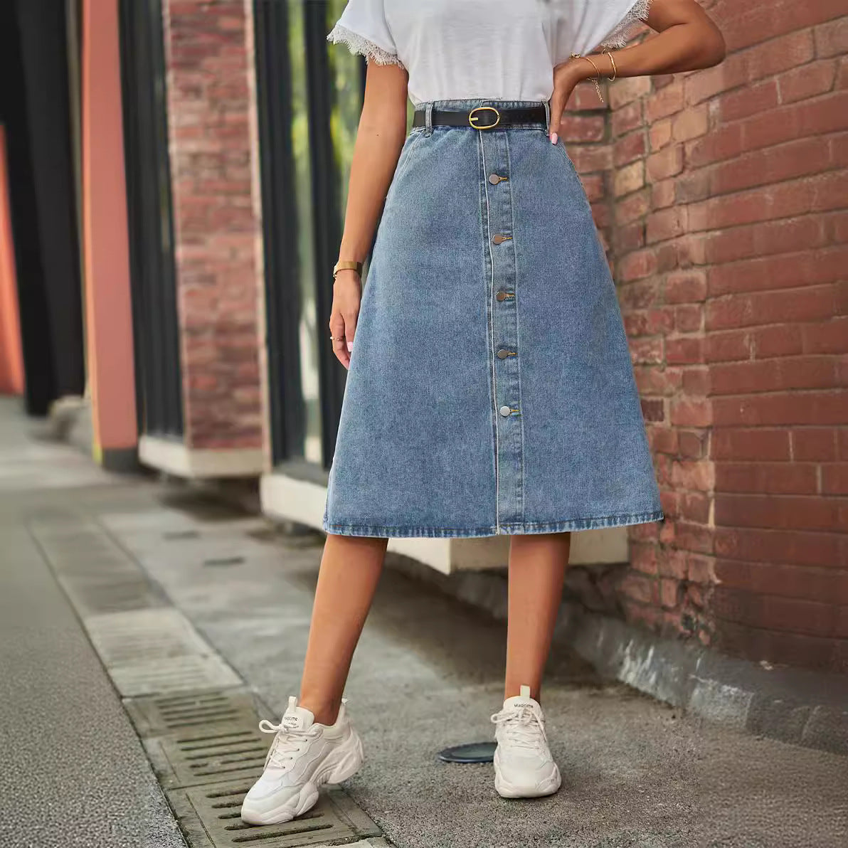 Skinny washed denim one-row button skirt skirt women